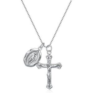925 Sterling Silver Crucifix Cross and Miraculous Medal Pendant Necklace for Wom